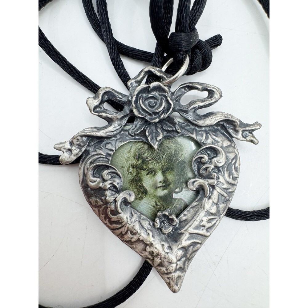 Vintage Silver tone Picture Frame Victorian Heart Necklace with Silky Rope